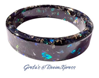 Holographic Nightfall – Wide Square Resin Bangle with Mirror Flakes & Gold Leaf