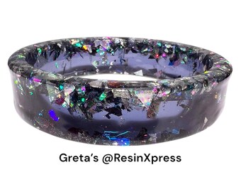 Twilight Shimmer Resin Bangle – Holographic Mirror Flakes in Deep Black-Blue – Square Statement Jewelry