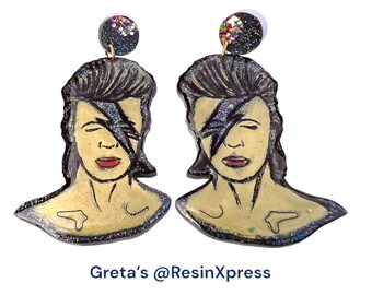Bowie-Inspired Dangle Earrings: Iridescent Glitter Resin, Handmade Fan Art