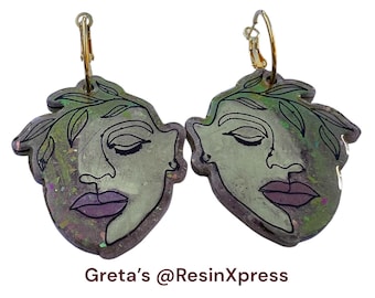 Handmade Resin Earrings: Earth Goddess Face Art, Gold Hoops
