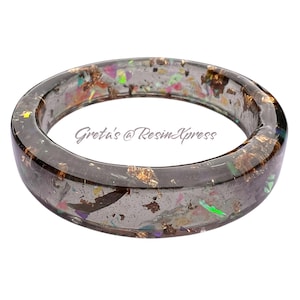 Coffee Resin Bangle – Dual Sided Translucent Bracelet with Holographic Flakes and Gold Foil – Handmade Resin Jewelry – Glossy Brown Bangle