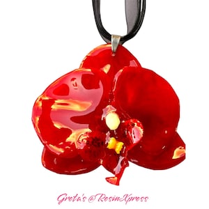 Red Orchid Pendant Necklace | Rockabilly Resin Flower Jewelry | Retro Statement Necklace | Synthetic Orchid Coated in Resin | ResinXpress