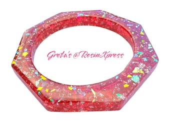 Double-Sided Octagon Pink Magenta Resin Bangle – Faceted Statement Bracelet with Silver Flakes & Holographic Glitter