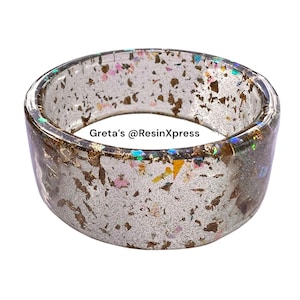 Wide Translucent Brown Resin Bangle with Gold Foil & Iridescent Sparkle – Coffee-Tinted Amber-Tone Handmade Jewelry - One of a Kind