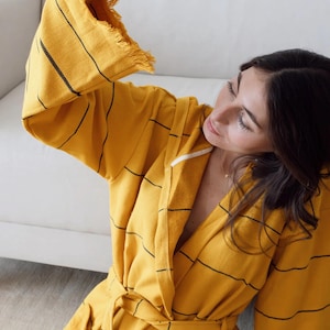 Organic Cotton Robe, Pure Cotton Bathrobe, Yellow Cotton Robe, Luxurious Boho Robe, Robe Bridesmaid, %100 Turkish Handmade Robe,Gift for Her