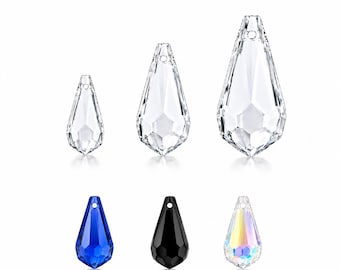 May include: A collection of six faceted crystal pendants in a teardrop shape. Three are clear and vary in size from small to large. The bottom row features three additional pendants in solid blue, solid black, and an iridescent finish.