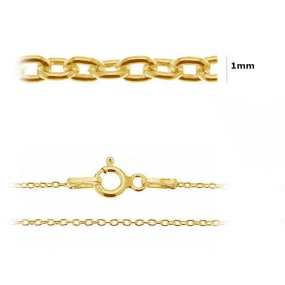 24K Gold Plated Sterling Silver Trace Chain 1.0mm 17 inch Chain Findings