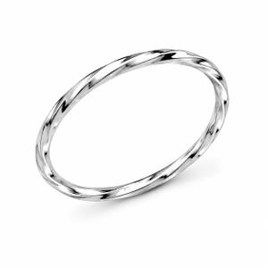May include: A silver ring with a twisted rope design. The ring is thin and has a polished, reflective surface. The ring is set against a white background.