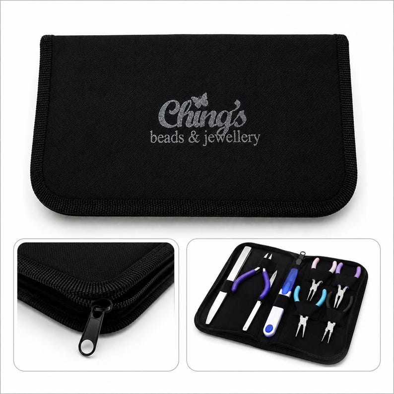 May include: A black zippered carrying case with the text Ching's beads & jewellery printed in silver. The interior contains a set of metal jewelry-making tools, including various pliers, a metal ruler, and a blue and white handled tool, all secured.