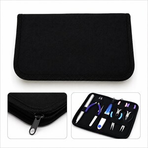May include: A black zippered carrying case containing a set of metal jewelry making tools. The kit includes various pliers with blue, pink, and black handles, a metal mandrel, and a small tool, all organized within elastic loops inside the case.