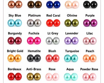 May include: A color chart featuring twenty-five pairs of round, glossy beads arranged in a grid. Each pair is labeled with its color name, including Cocoa, Bronze, Lapis, Lt Rose, Black, Sky Blue, Platinum, Red Coral, Olivine, Purple, Burgundy, Fuchsia, Lt Grey, Lavender, Lilac, Bright Gold, Hematite, Blush, Turquoise, Peach, Bordeaux, Anti-Brass, Rose, Aqua, and Powder Rose.