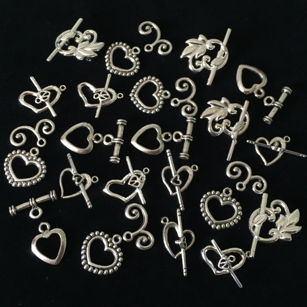 22 Tibetan Silver Heart Toggle Clasps , Assorted Silver Plated Leaf Clasps