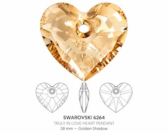 May include: A golden shadow colored heart-shaped crystal pendant with a faceted surface and a top hole. Below, technical line drawings show the front, side, and back views with the text: SWAROVSKI 6264 TRULY IN LOVE HEART PENDANT 28 mm - Golden Shadow.