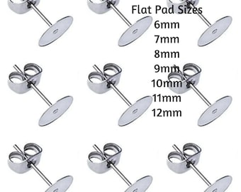 50 Sterling Silver Plated Flat Pad Ear Studs 6mm 7mm 8mm 9mm Earring Findings