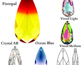 Op de afbeelding: Een verzameling druppelvormige kristallen hangers in verschillende kleuren. De hangers omvatten Fireopal, Crystal AB, Ocean Blue, Vitrail Light en Vitrail Medium. Elke hanger heeft een gat aan de bovenkant om te rijgen. De afbeelding bevat ook een lijntekening van een hanger.