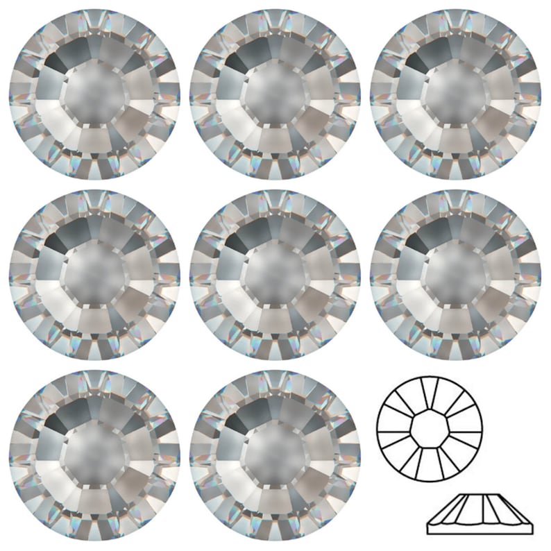 May include: Nine clear crystal rhinestones with a faceted design. The rhinestones are arranged in a 3x3 grid. A black and white line drawing of a single rhinestone is shown below the grid. A black and white line drawing of a rhinestone's underside is shown below the line drawing.