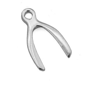 Peut inclure: Breloque en métal argenté en forme de  os de souhait. Le breloque a une petite boucle en haut pour l'attacher à un collier ou un bracelet.