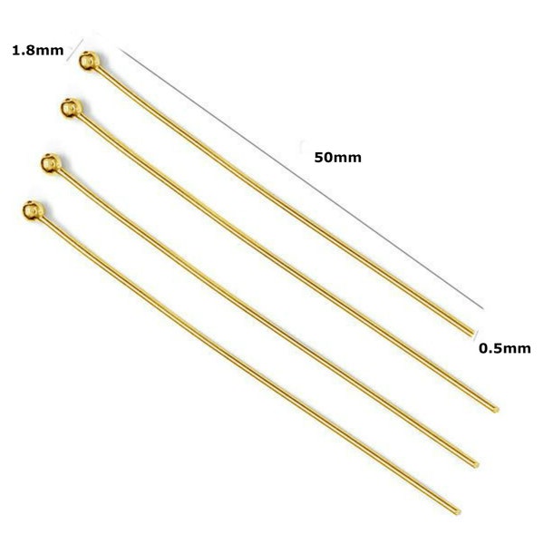 10 Gold Vermeil HeadPins Sterling silver Head Pins 24k Gold Plated 50mm 20 gauge 22 gauge