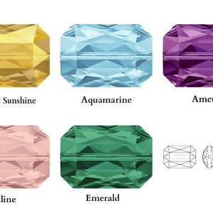 May include: Six different coloured glass beads, each with a rectangular shape and a flat, smooth surface. The beads are arranged in two rows of three, with the colours being metallic sunshine, aquamarine, amethyst, rosaline, emerald, and a black and white line drawing of a bead.