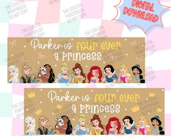 May include: Two rectangular digital banners featuring a tan background with white polka dots and small gold crowns. The text reads "Parker is four ever a princess" in white and yellow script. Nine illustrated cartoon princesses are displayed.