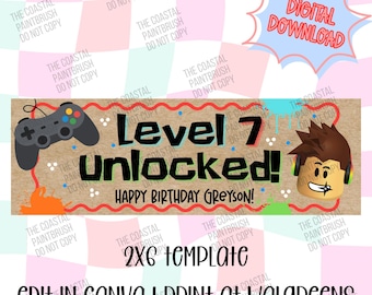 May include: A rectangular digital birthday banner template featuring a brown textured background with a black game controller, a cartoon character head with headphones, and the text Level 7 Unlocked! Happy Birthday Greyson! with red wavy borders.