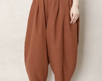 Winter Warm Linen Pants, Loose Fittimg Pants Cotton Thicken Elastic Waist Pants, Wide Leg Pants Crotch Pants, Soft Cotton Thermal Pants