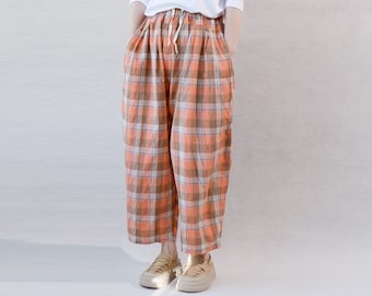 Women Seersucker Checkered Pants, Oversized Pants Linen Pants Travel Pants, Comfortable Plaid Pants Casual Pants Harem Pants Wide Leg Pants
