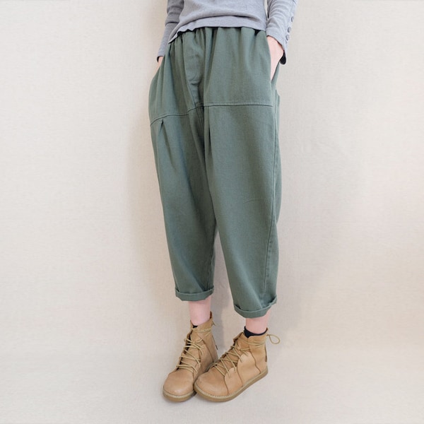 Fall Cropped Pants Elastic Waist Pants Cotton Pants For Women, Autumn Casual Trousers Calf-length Pants Worn By Women And Girls