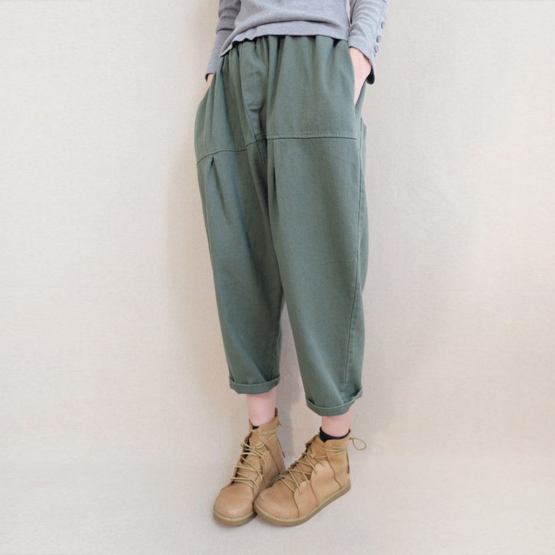 Fall Cropped Pants Elastic Waist Pants Cotton Pants For Women, Autumn Casual Trousers Calf-length Pants Worn By Women And Girls image 1