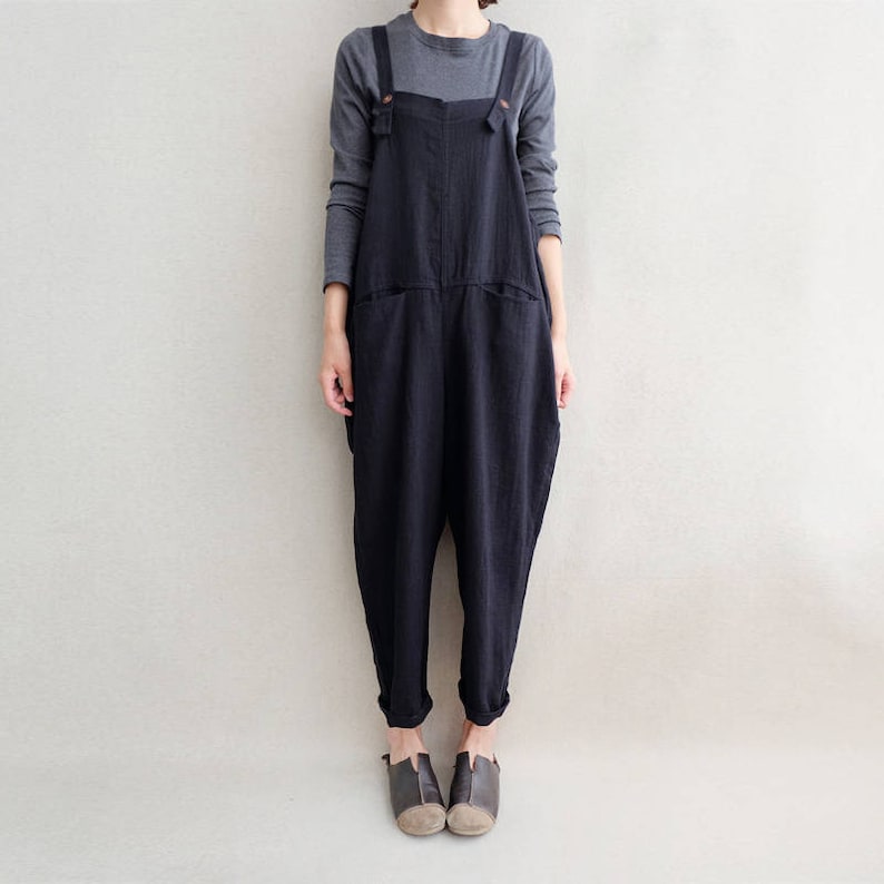 Leisure Linen Overalls Soft Outfit Cotton Pants Women Clothing, Adjustable Jumpsuits Wide Leg Dungarees Loose Linen Overalls Harem Pants image 3