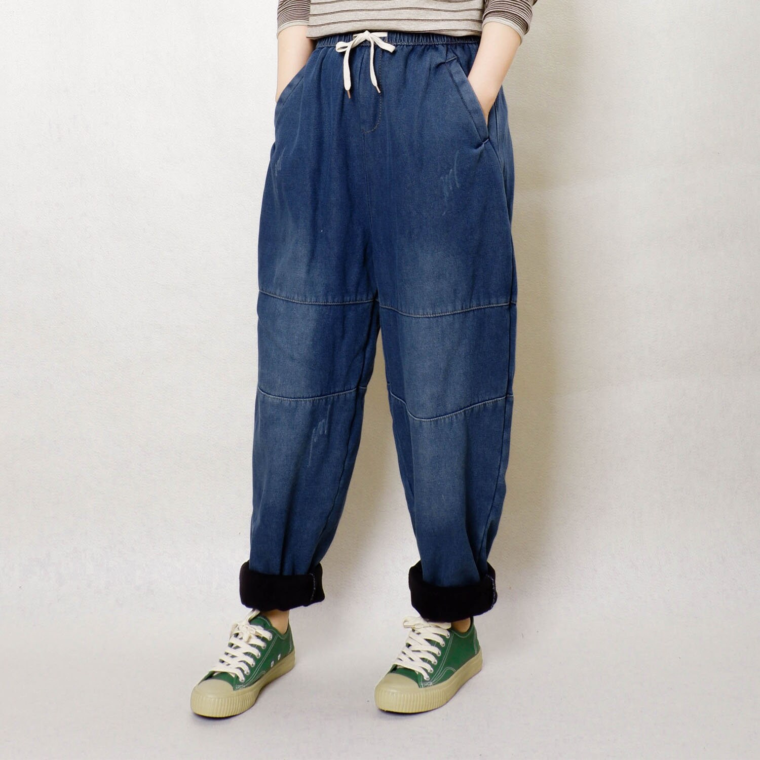 Women Blue Denim Pants Elastic Waist Jeans With Drawstring - Etsy