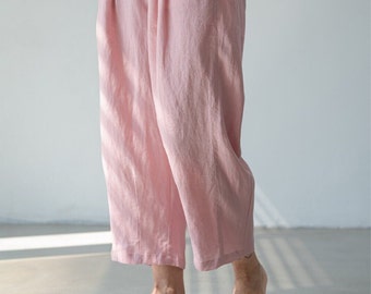 Pink Linen Pants, Loose-Fit Cropped Pants, Breathable and Comfortable Flax Pants Everyday wear, Breeze Linen Jogger Wide Leg Pants