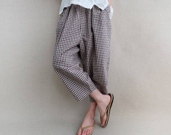 Women Cropped Pants Elastic Waist Pants Linen Pants Leisure Pants Plaid Pants Casual Pants Harem Pants Wide Leg Pants