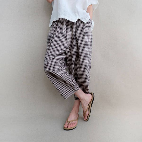 Women Cropped Pants Elastic Waist Pants Linen Pants Leisure Pants Plaid Pants Casual Pants Harem Pants Wide Leg Pants