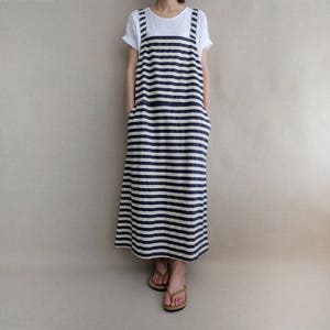 Striped Cotton Strap Dress: Casual Long Pinafore Dress