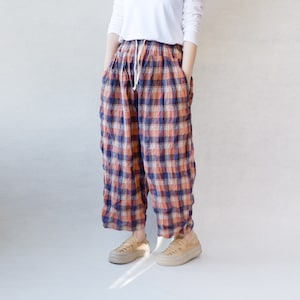 Women&#39;s Seersucker Plaid Harem Pants: Oversized Linen Gingham Wide Leg