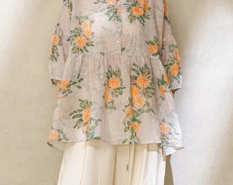 Embroidered With Printed Blouse Round Neck Summer Linen Top, 100% Linen Puffy Sleeve Shirt Floral Linen Baby Doll Style Blouse Vintage Women