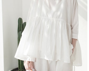 Reines Leinenhemd für den Sommer Leinenbluse für Frauen, Puffärmel Leinenoberteil beiläufige lose Leinen weiße Oberseiten plus Größe Kleidung