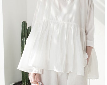 Linnen blouse met pofmouwen, casual witte top, zomerkleding shirt grote maten