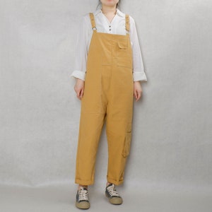 Yellow Linen Overalls: Handmade Boho Jumpsuit with Pockets