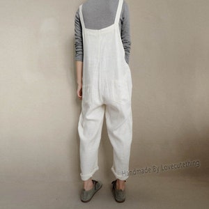Women Cream White Dungarees Linen Overalls Spring Wear With Pockets, Customized Lightweight Jumpsuits Handmade Clothing By Lovecutething image 6