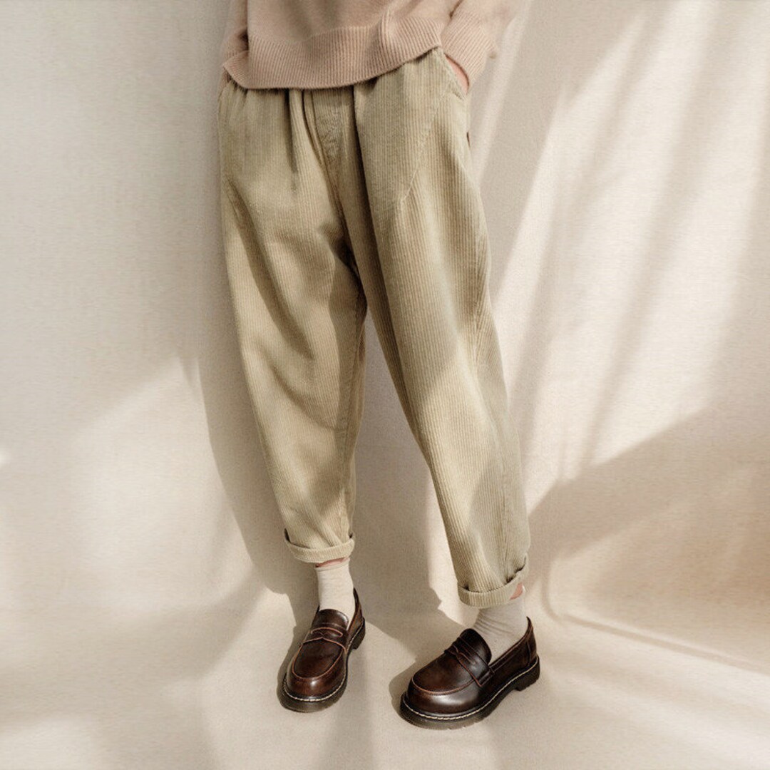 Women Khaki Corduroy Cropped Pants Elastic Waist Legging Etsy