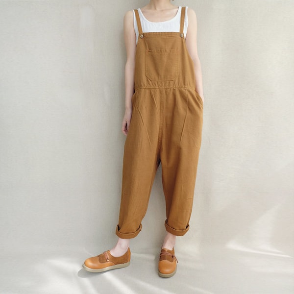 Cotton Wide Leg Jumpsuit: Casual Women's Overalls With Pockets, Comfortable Dungarees Sturdy Fabric Outfit