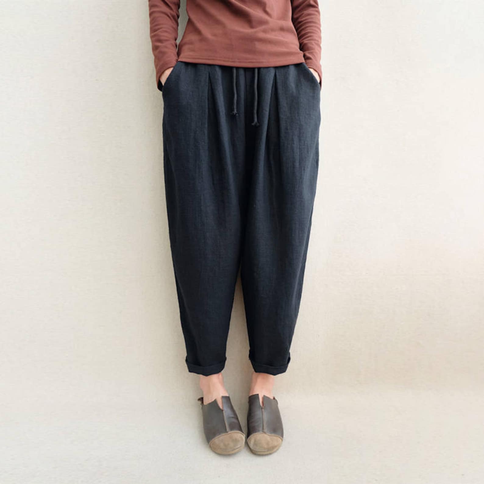 Women Leisure Linen Pants Loose Harem Pants Warm Cropped - Etsy