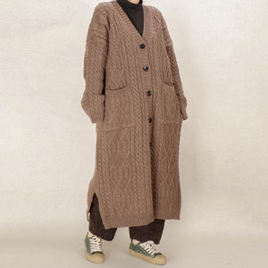 Wool Cable Knit Maxi Cardigan: Long Collared Duster Coat