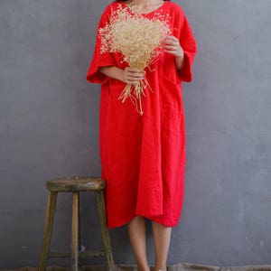 Loose Cotton Gauze Dress Soft Robes, Plus Size Dress, Puffy Sleeve Dress, Summer Dresses, Red Dress With Pockets image 5