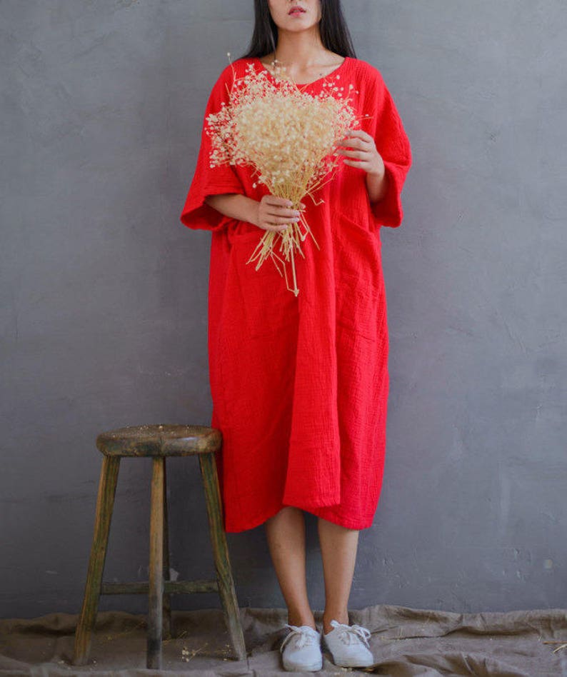 Loose Cotton Gauze Dress Soft Robes, Plus Size Dress, Puffy Sleeve Dress, Summer Dresses, Red Dress With Pockets image 5