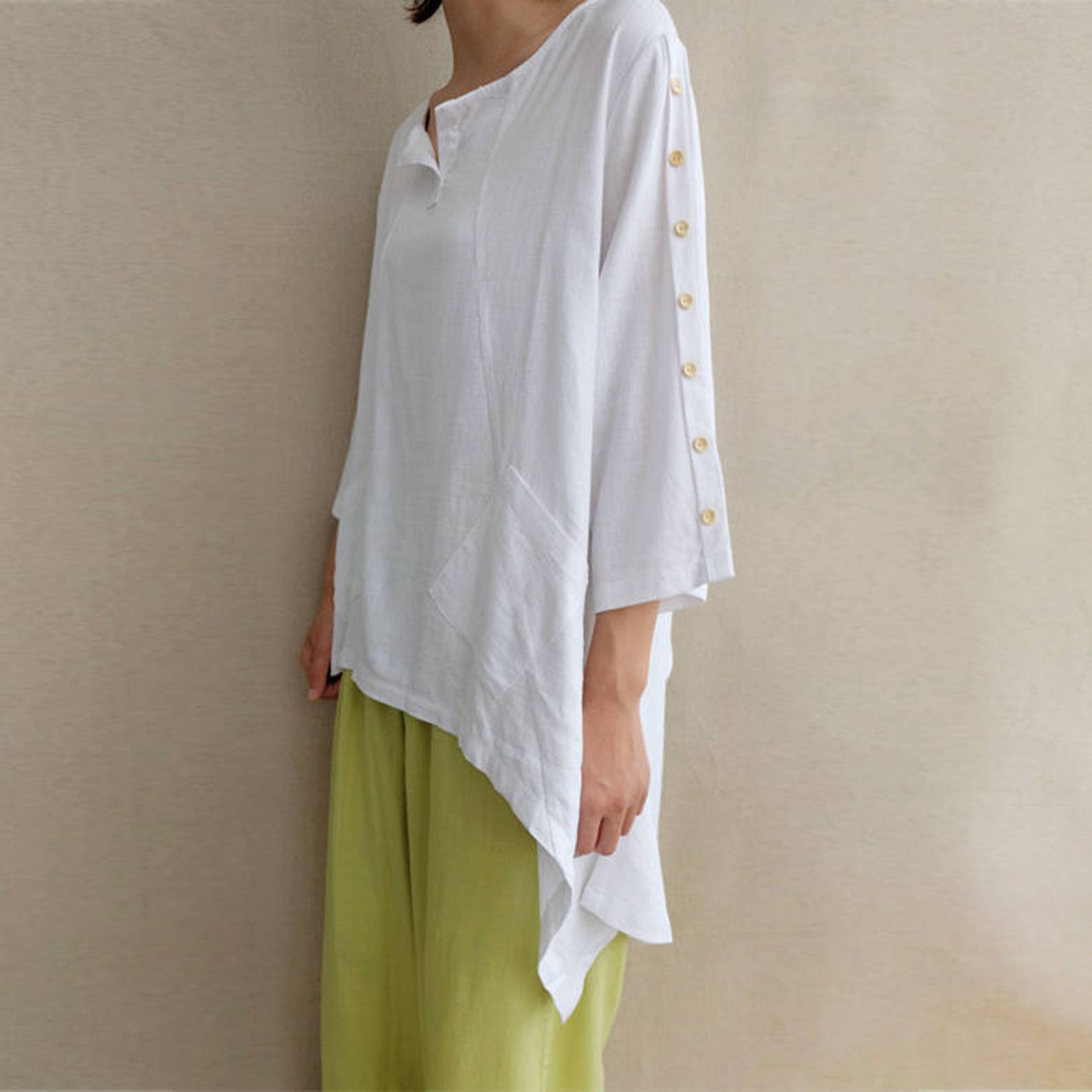 Women White Linen Tops Long Sleeve Blouse Asymmetrical Shirt Etsy