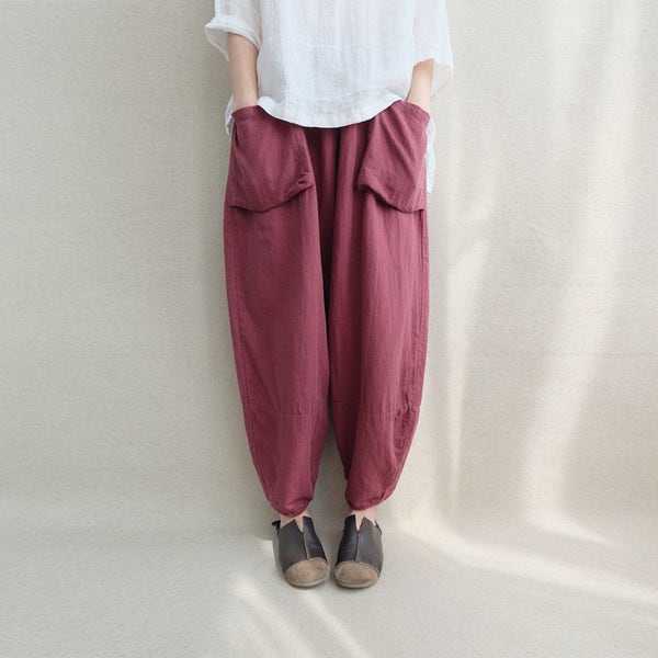 Women Loose Trousers Large Pocket Wide Leg Pants Linen Harem Pants