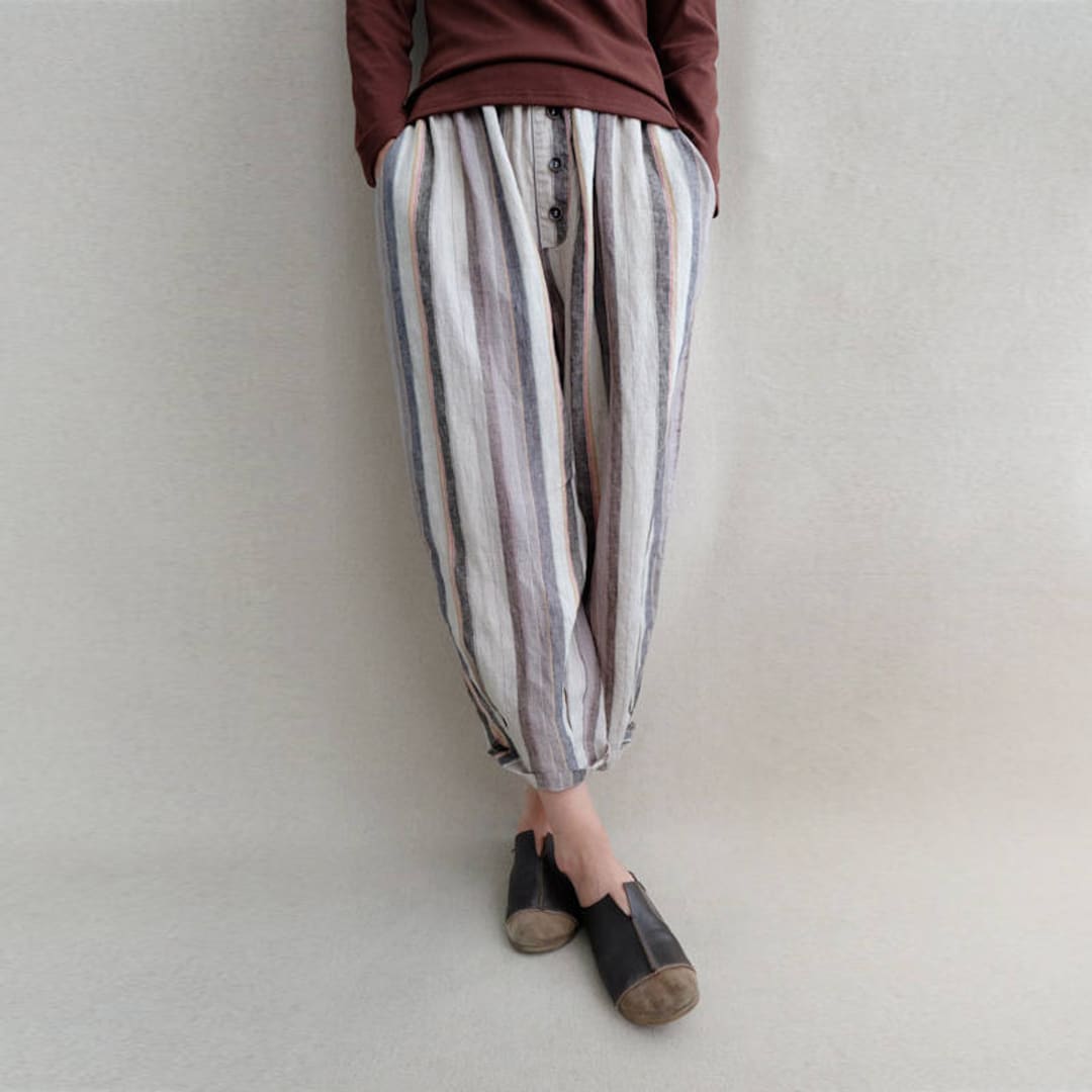 Natural Linen Stripe Pants Loose Harem Pants, Cotton Elastic Waist